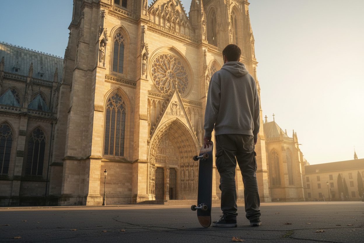 un skater de dos (le skate à la main) face à une belle église sur laquelle le soleil brille